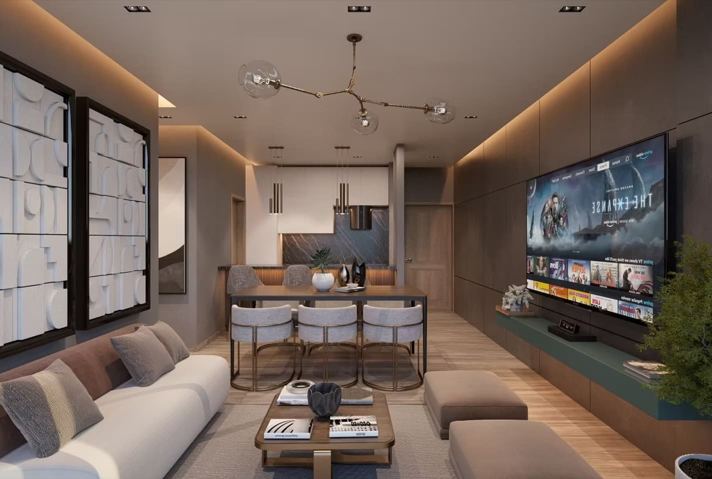 Interior de unidad con sala, comedor y cocina integrados